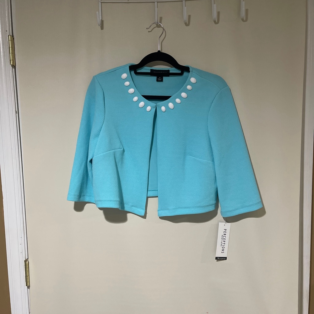 NWT Women Perceptions New York Turquoise White Embellished Blazer Jacket 14 Plus